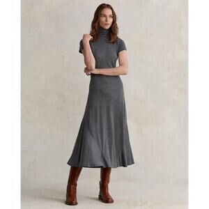 Ralph Lauren Turtleneck Midi Dress Wool Gray Jersey Short Sleeve Roll Neck XS